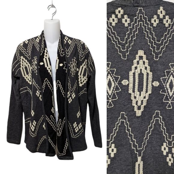 LUCKY BRAND Boho Southwestern Embroidered Open Front Cardigan M - Picture 1 of 8
